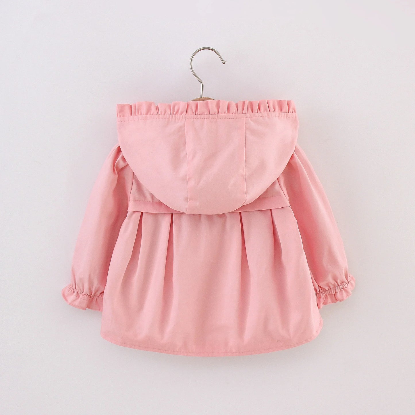 Baby light pink hooded jacket back view with gathered hood hem and elastic cuffs.