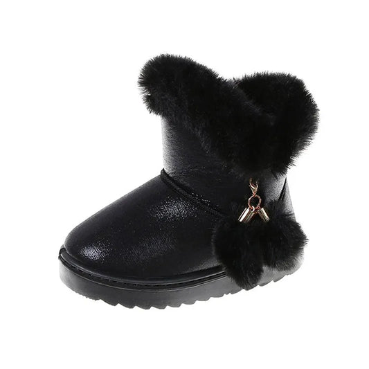 Girls Black Faux Fur Pom Pom Boots