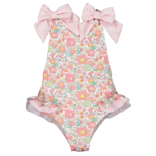 Girls Blue Floral Swimsuit with Bows & Crossover Back (2–7 Years) *Preorder