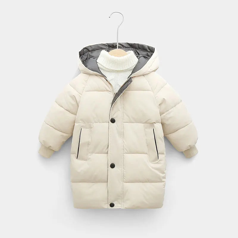 Cream hooded puffer coat with snap front and side pockets