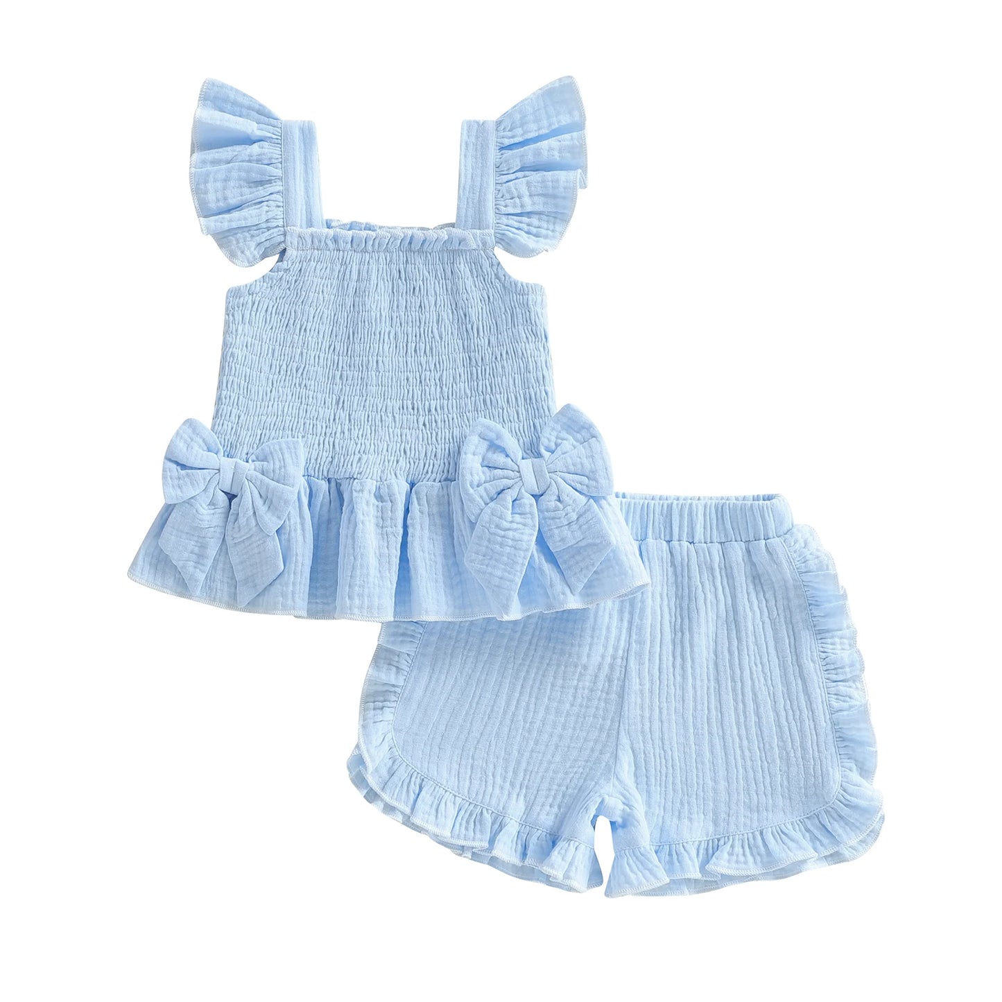 Baby Girls Baby Blue Smocked Bow Top & Ruffle Shorts Set *Online Product
