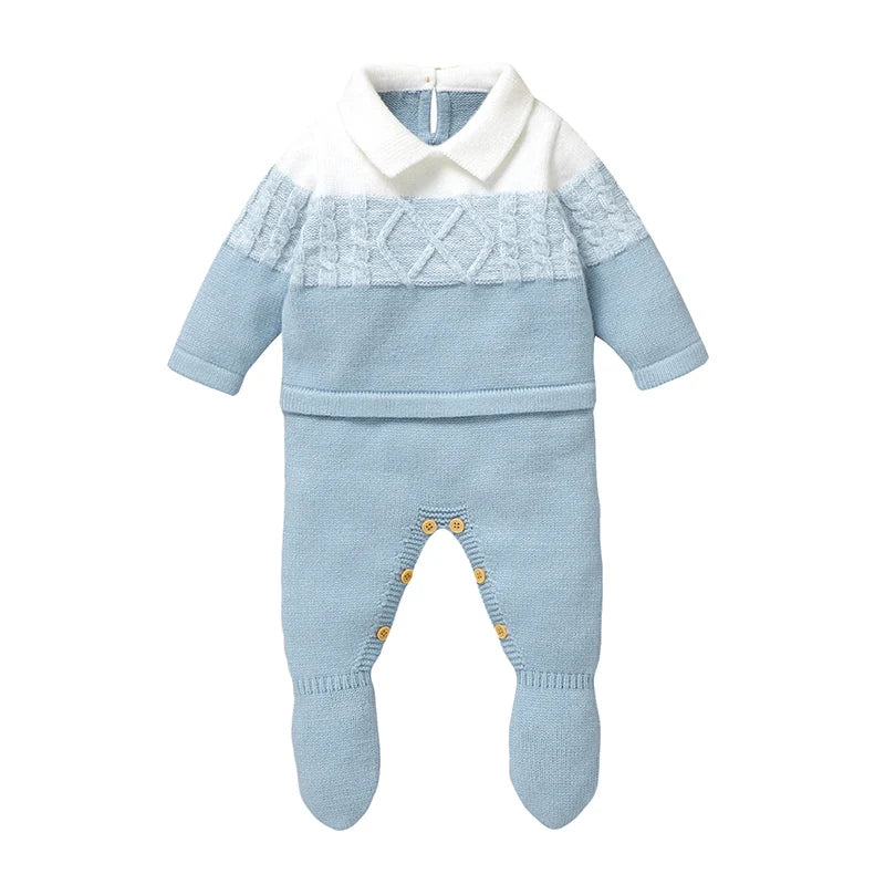 Light blue knit baby romper with white turn-down collar, long sleeves, footed legs