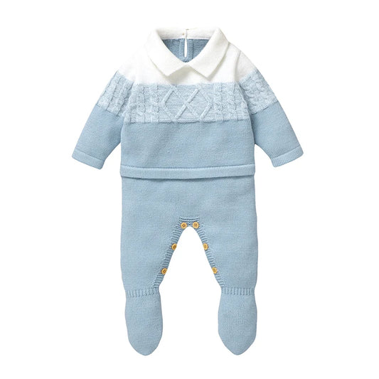 Light blue knit baby romper with white turn-down collar, long sleeves, footed legs