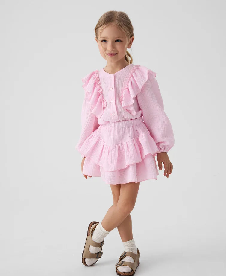 Girls pink ruffle smock shirt and tiered skirt set, long sleeves, layered hem