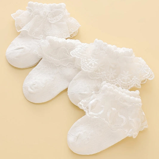 Girls lace frill socks, white ruffle lace cuffs, 4-pack set of socks