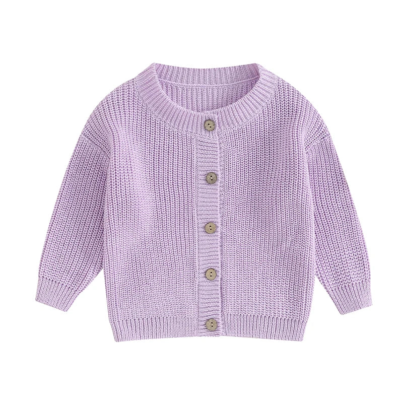 Lilac knit button cardigan with round neck and long sleeves
