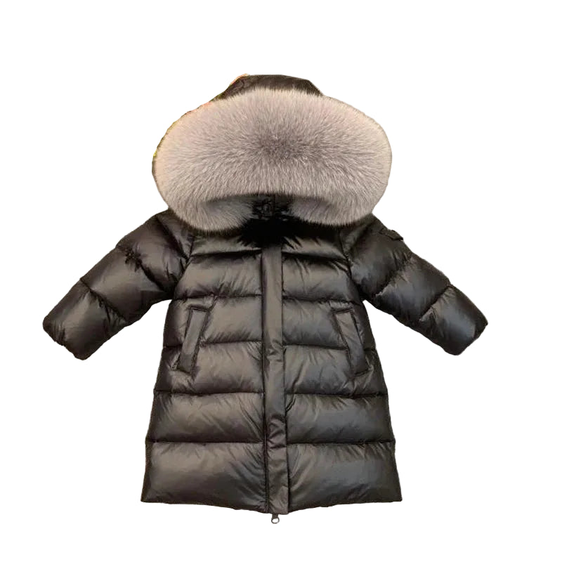 Children’s puffer coat with fur-trim hood, long sleeves, black padded winter jacket