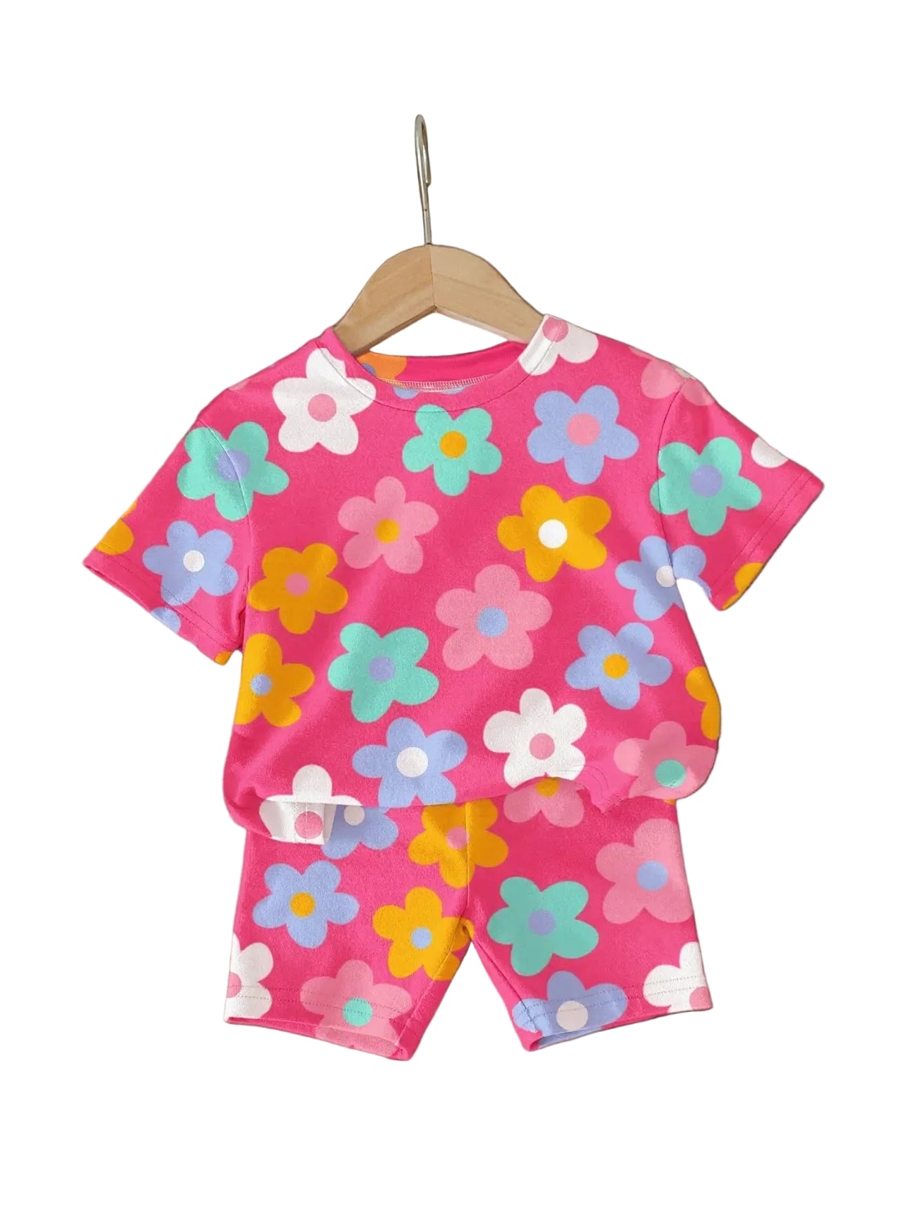 Girls pink floral short set, short-sleeve shirt and shorts with colorful flower print