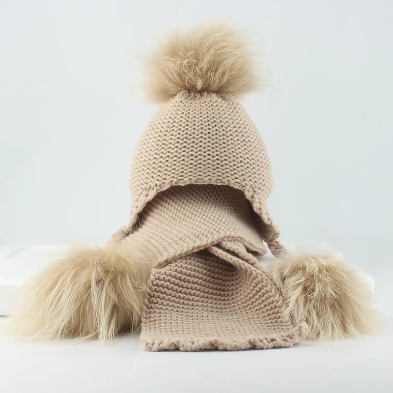 Raccoon Hat & Scarf Set Beige Single Pom