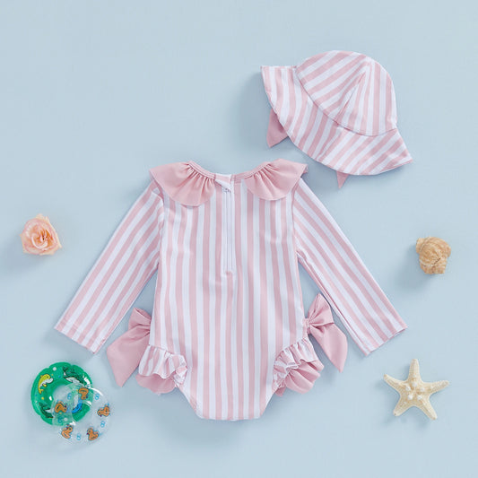 Baby Girls Long Sleeve Baby Pink Swimsuit & Hat | Summer Swimwear
