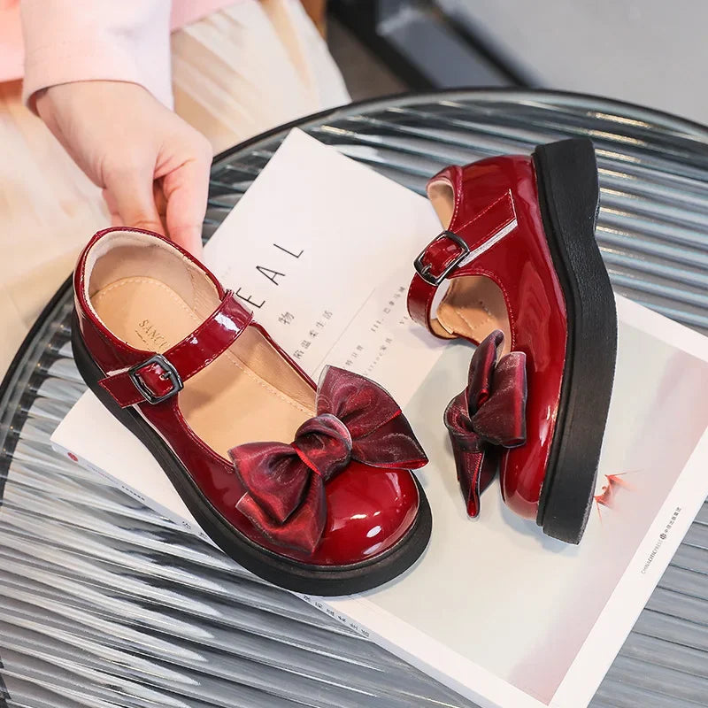 Girls Red Wine Patent Leather Satin Bow School Shoes