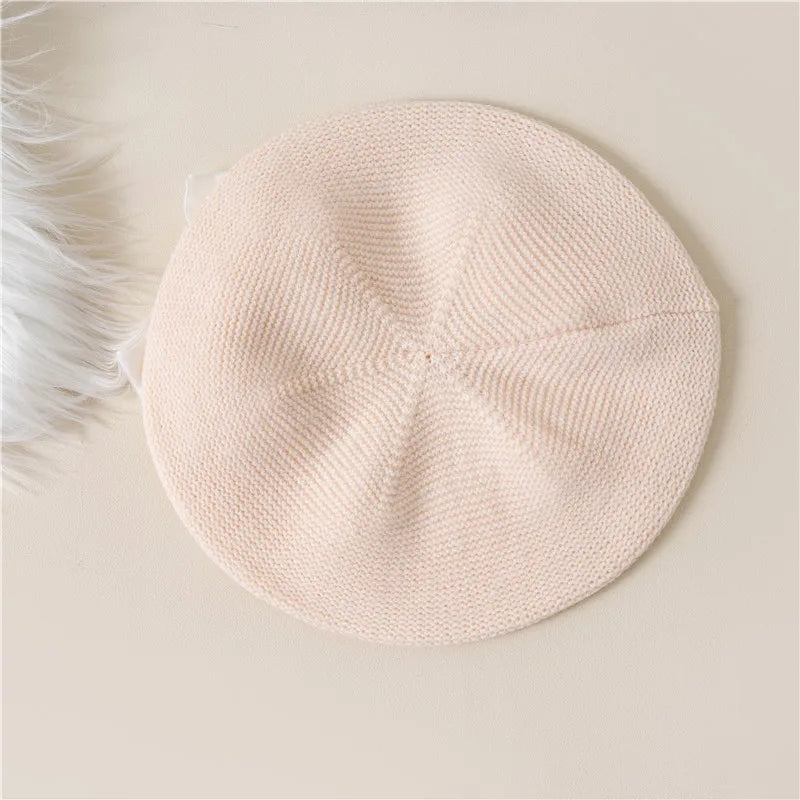 Girls Beret Hat Velvet Bow Ivory
