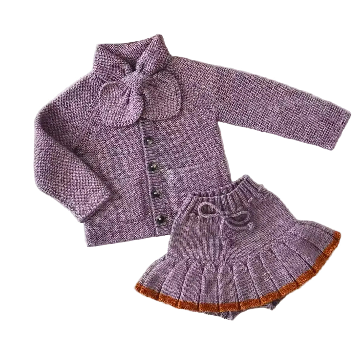 Girls purple knit cardigan with bow, matching knit skirt with orange trim and heart detail