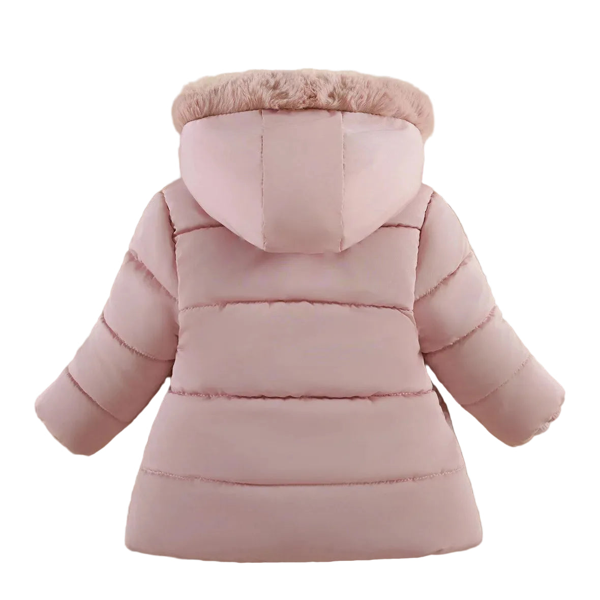 A light pink hooded puffer jacket with horizontal quilting, shown from the back on a beige background with decorative props including a green leaf, a yellow starfish, and a small toy.