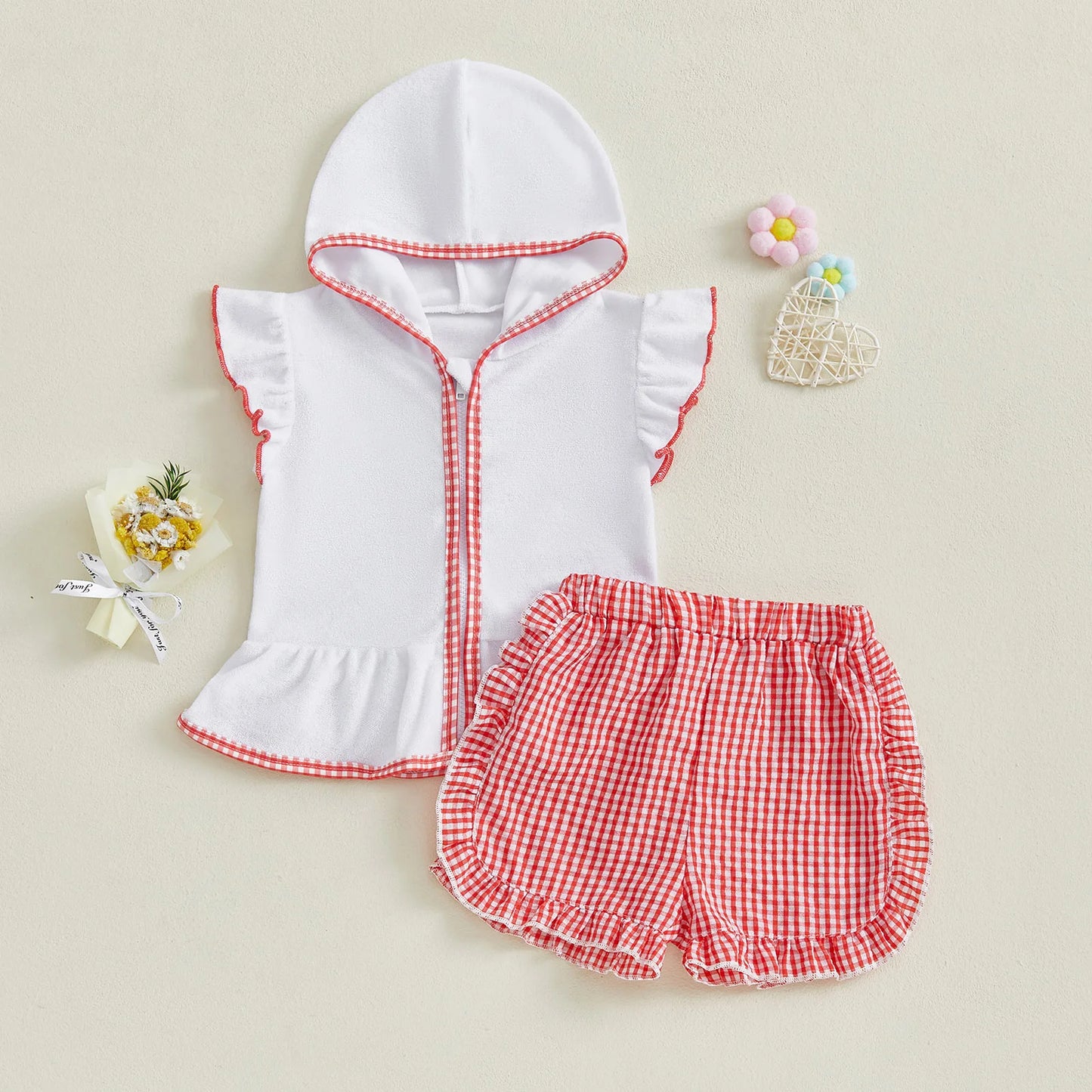 Girls’ Summer Beach Coral Clothes Set – Short Sleeve Hood Top & Ruffled Plaid Shorts (1–5 Years) *Preorder