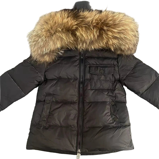 Winter Coat Black Matt finish Racoon fur Hood