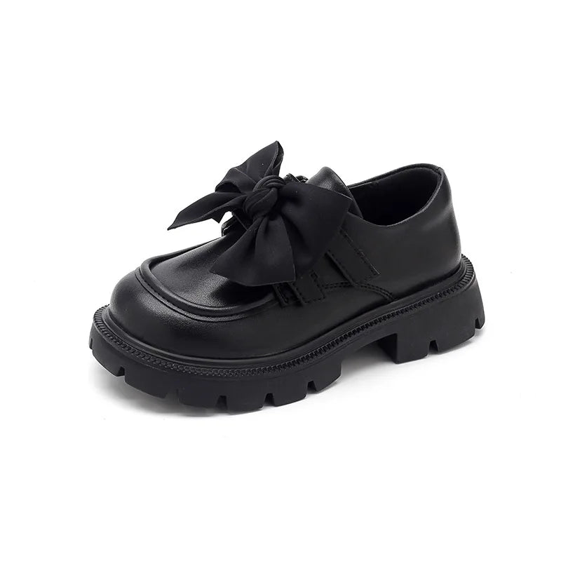 Girls Black Leather Chunky Bow School Shoes