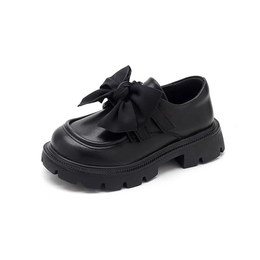 Girls Black Leather Chunky Bow School Shoes