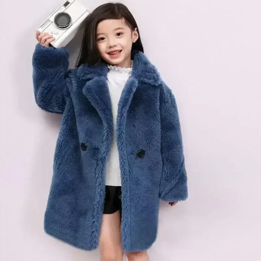 Girls Faux Fur Long Coat Navy Blue