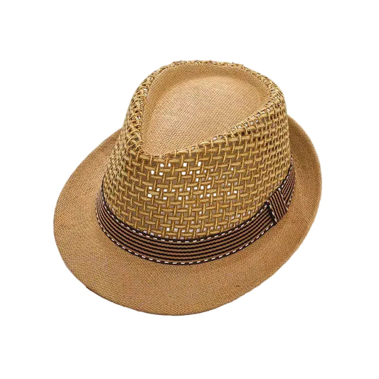 Brown straw hat with a ribbon on a white surface