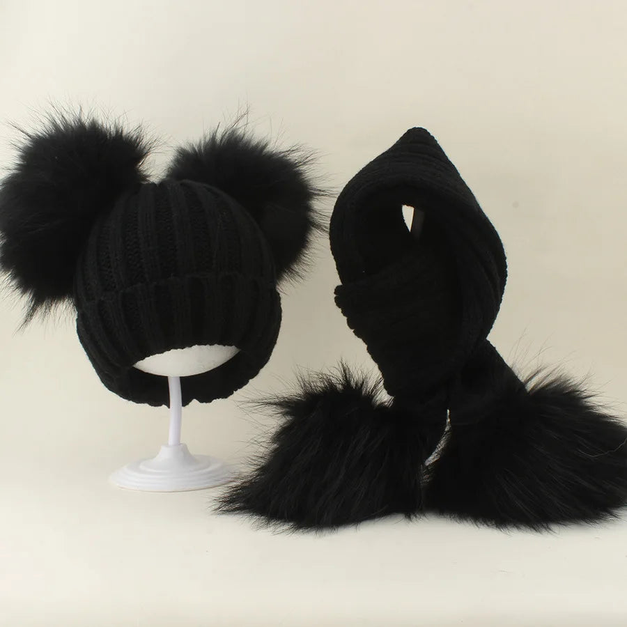 Raccoon Hat & Scarf Set - Black Double Pom