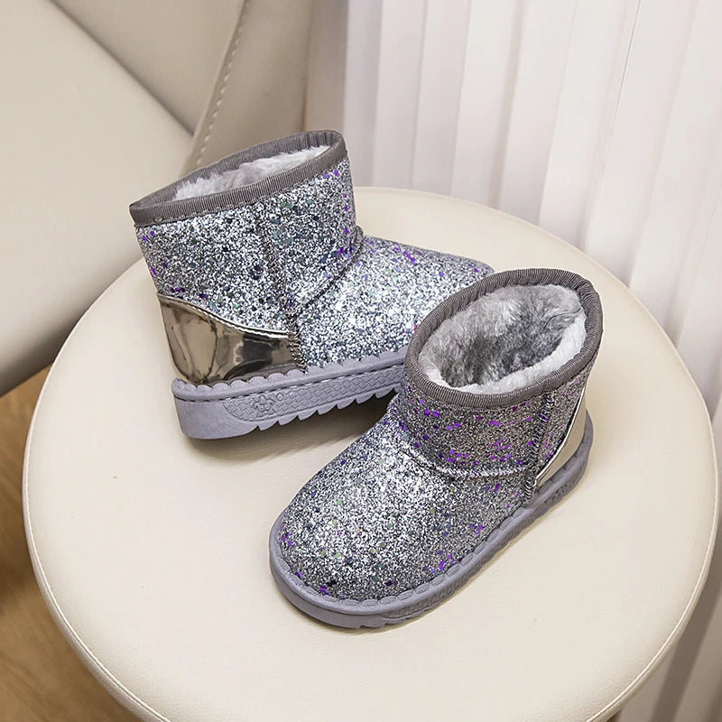 Kids silver glitter snow boots with gray faux-fur collar and grippy sole