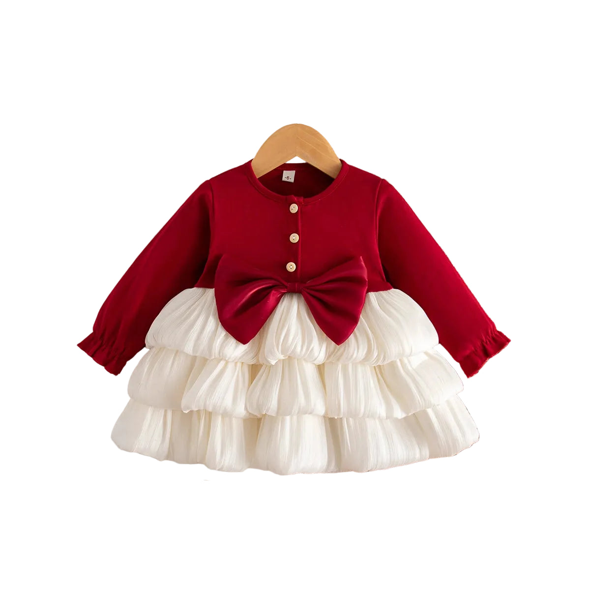 Red long-sleeve baby dress with white tiered skirt and big bow on waist