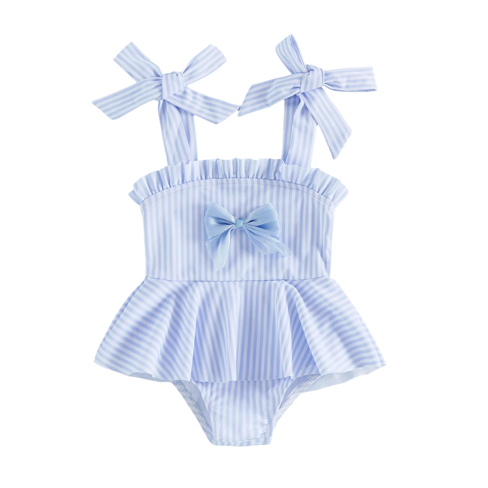 Girls light blue striped bow-strap swim one-piece with ruffled neckline and skirted waist.