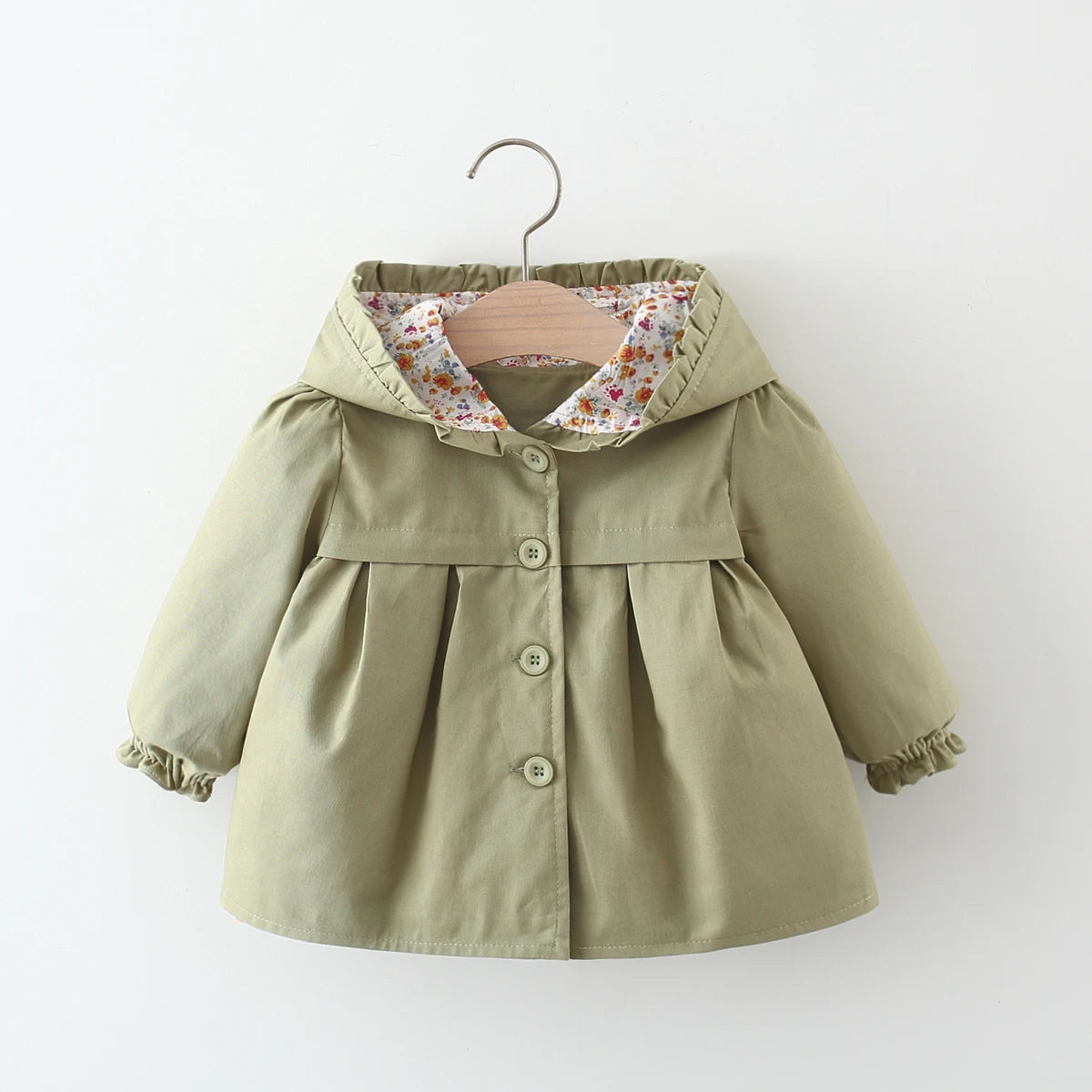 Khaki baby hooded jacket with floral-lined hood, snap-button front and gathered cuffs