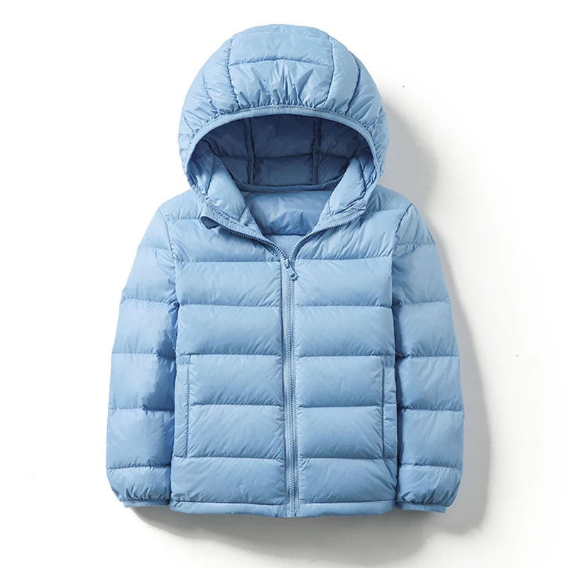 Kids duck down puffer jacket in pale blue, hooded full-zip, quilted insulation