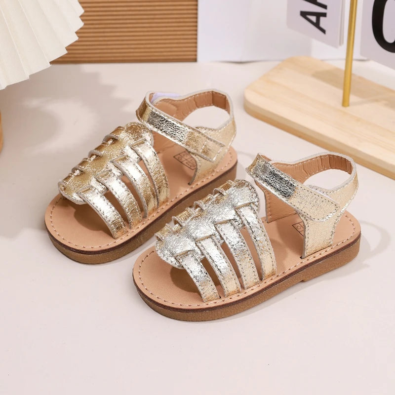 Girls gold metallic sandals, open toe with adjustable ankle strap and flat sole