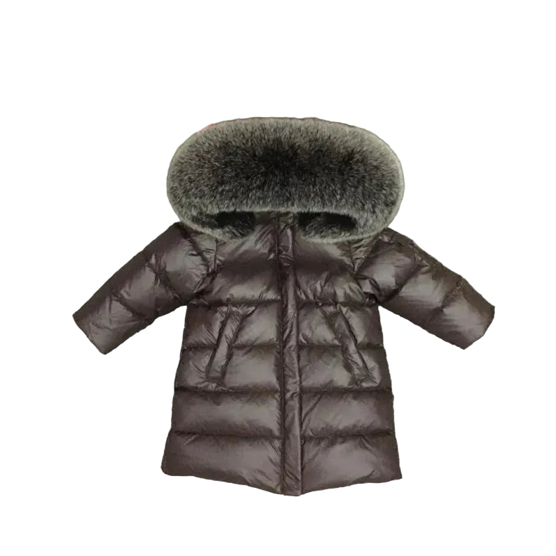 Children’s puffer coat with fur-trim hood, long sleeves, dark brown padded winter coat