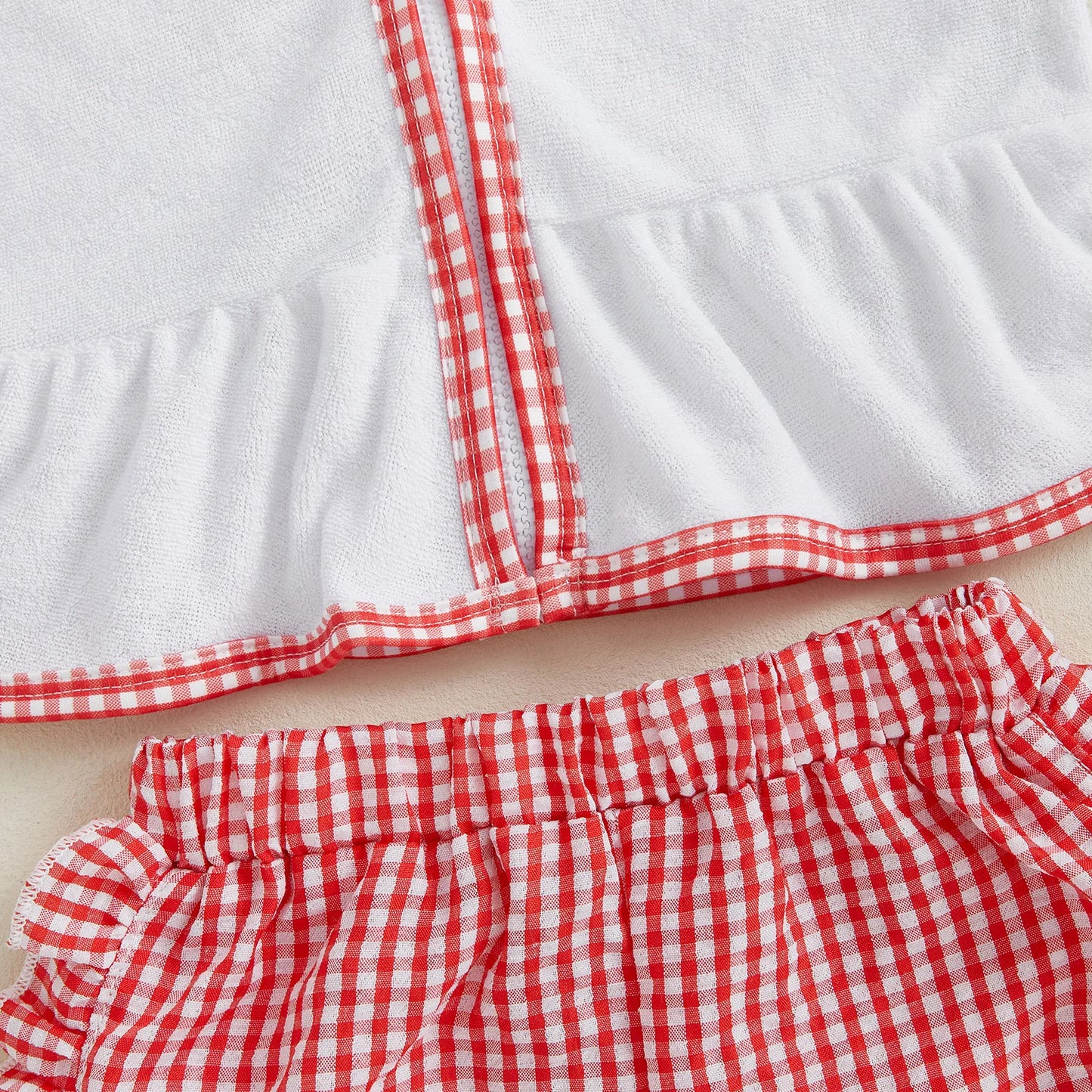 Girls’ Summer Beach Coral Clothes Set – Short Sleeve Hood Top & Ruffled Plaid Shorts (1–5 Years) *Preorder