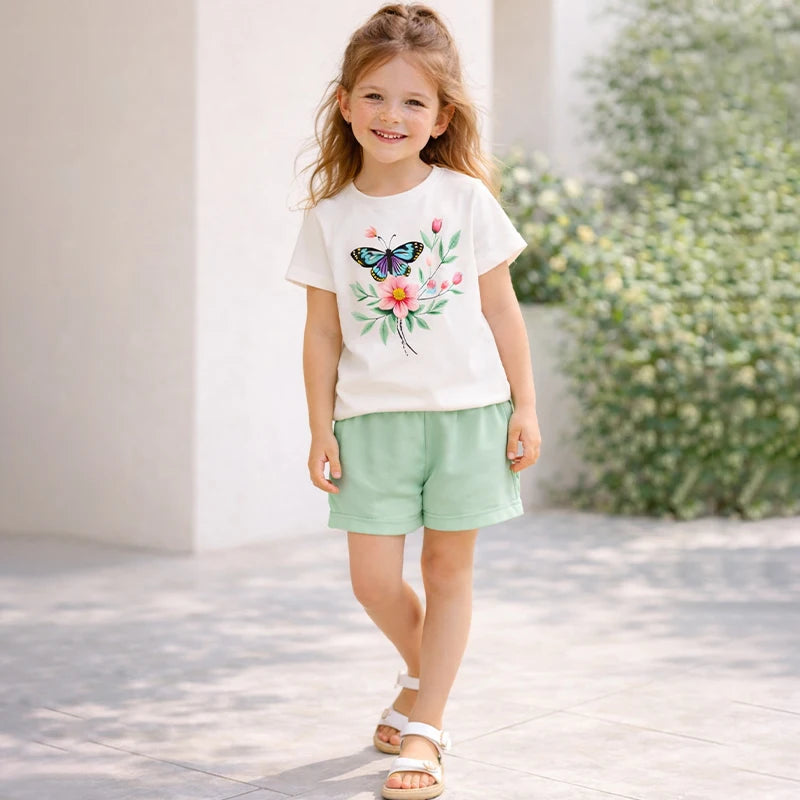Girls floral graphic T-shirt set: white tee with butterfly flower, mint shorts