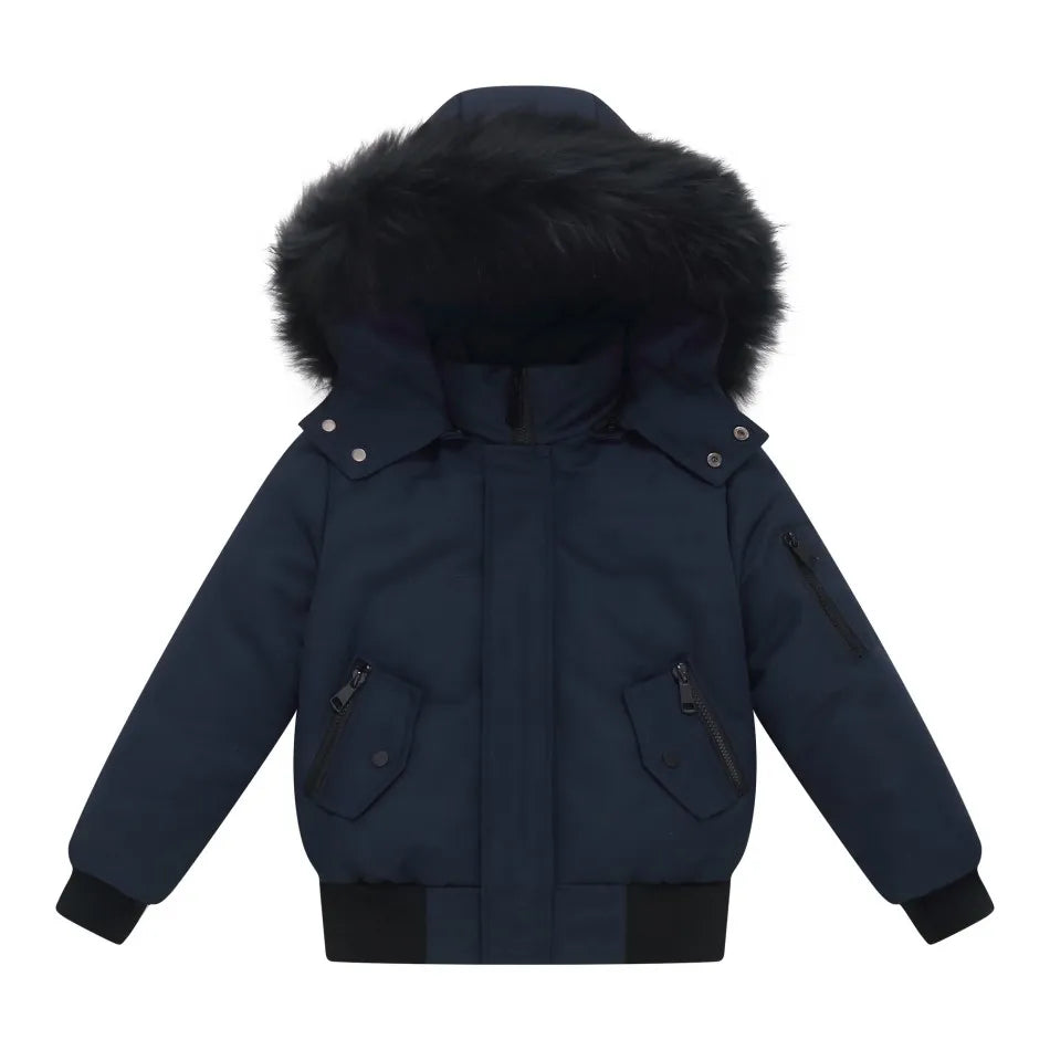 Navy blue winter jacket with fur hood on a white background