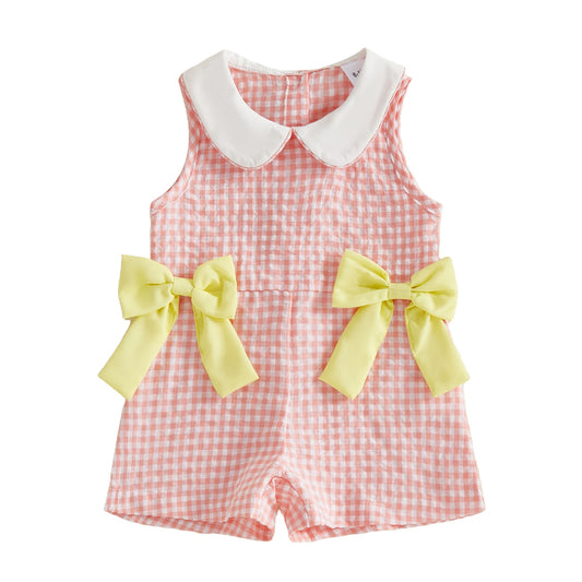 Girls Toddler Peach Gingham Romper with Lemon Bow Detail