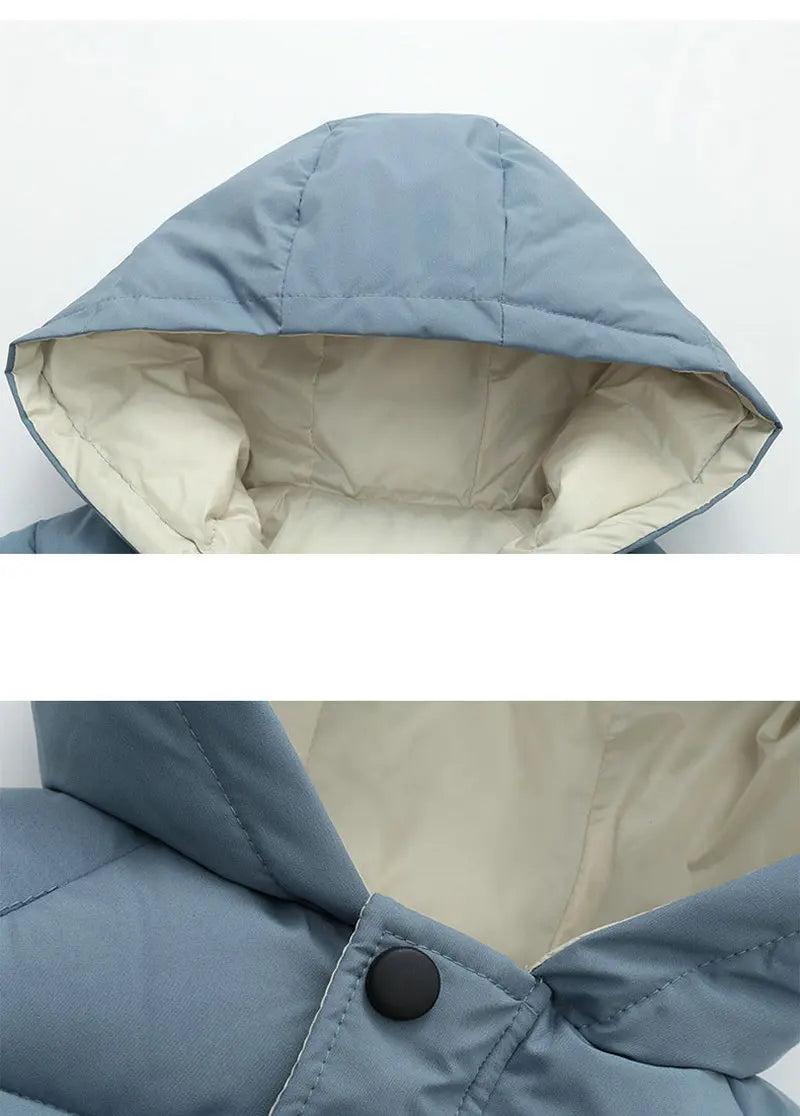Kids hooded puffer parka with light beige inner hood lining