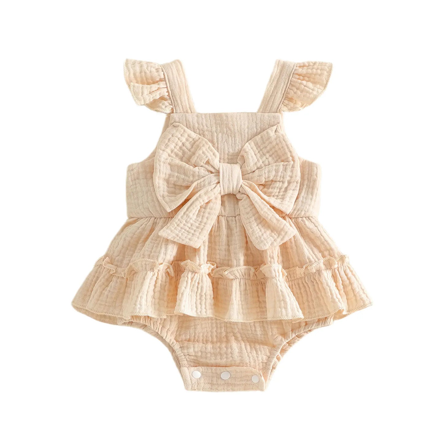 Baby girl bow frill romper in beige, with big bow and tiered skirt