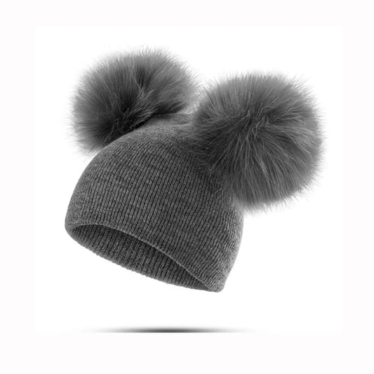 Double Pom Pom Fur Hat Grey