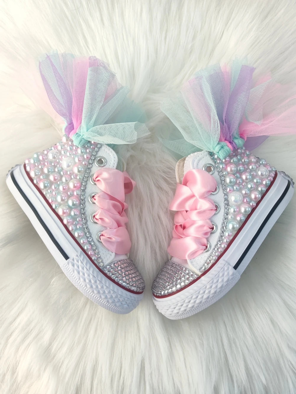 Dolly Bling canvas baseball boots with rhinestone pearls and pastel tulle pink bows