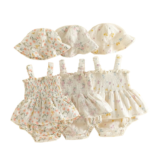 Baby Girls Floral Summer Dress & Bloomers Set with Matching Sun Hat