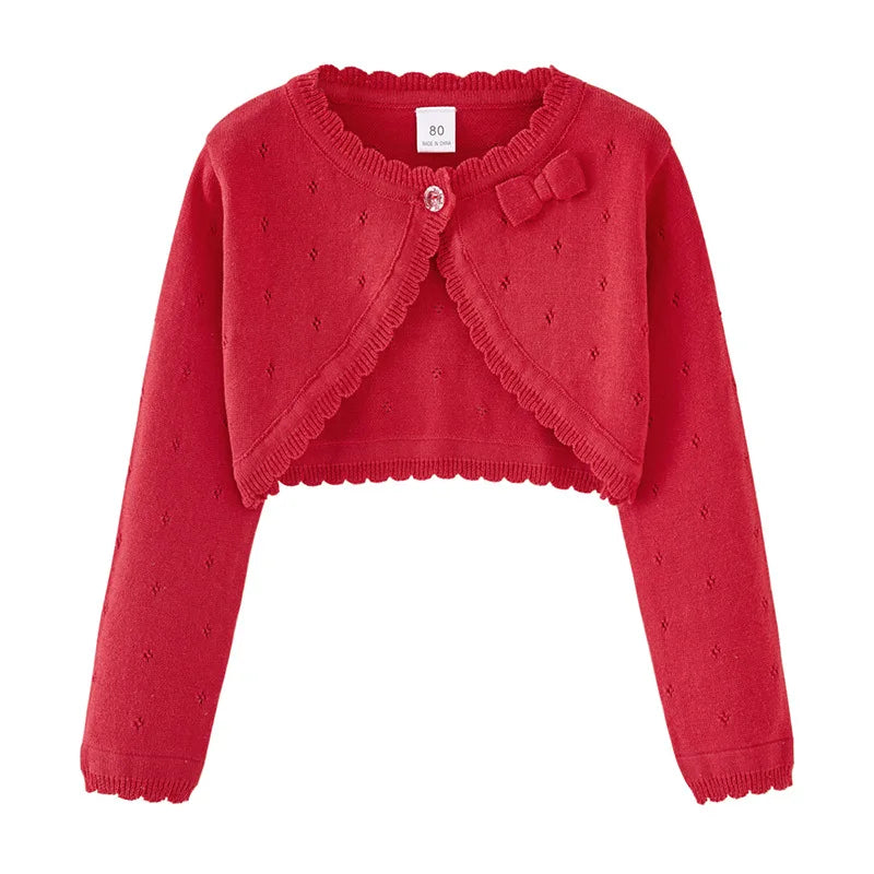 Kids knit cardigan, red long sleeves, cropped knit with scalloped ruffle wrap front