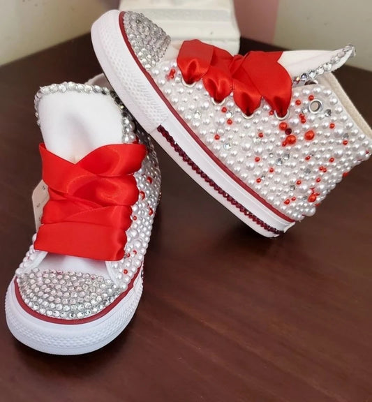 Dolly Bling Baseball Boots Red & White Beaded Canvas *