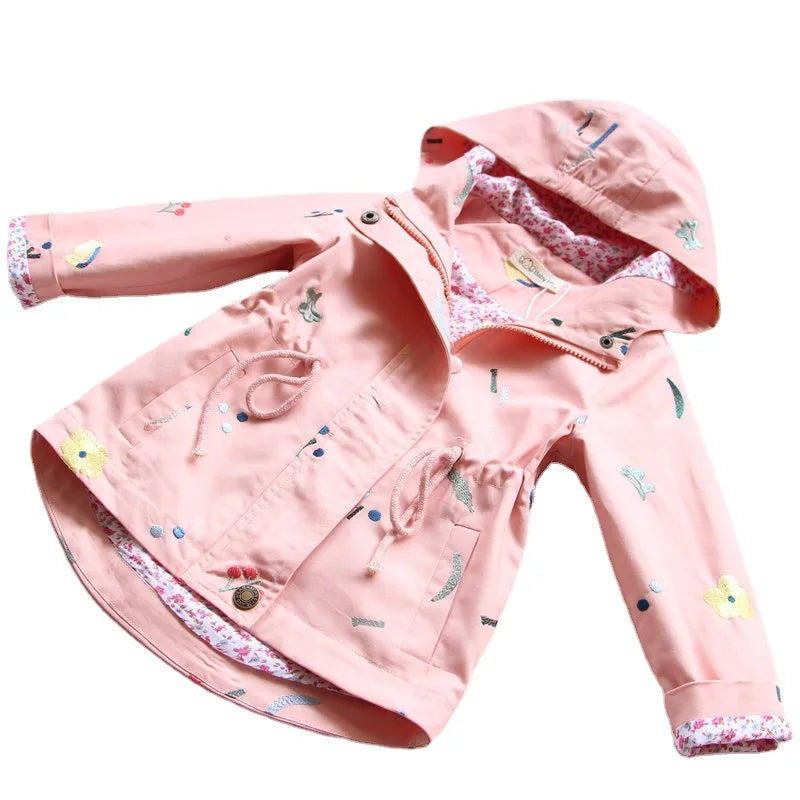 Girls blush pink hooded jacket with floral lining and colorful animal/plant prints