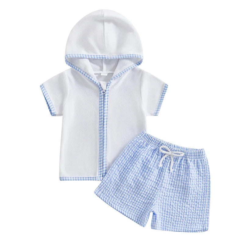 Boys terry towelling hooded summer set with gingham shorts for ages 1–5 years