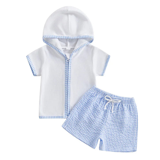 Boys terry towelling hooded summer set with gingham shorts for ages 1–5 years