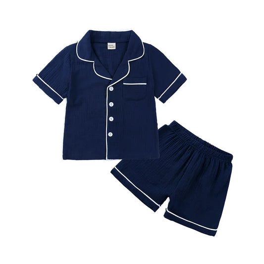 Girls Navy Cotton Two Piece Short PJ Set