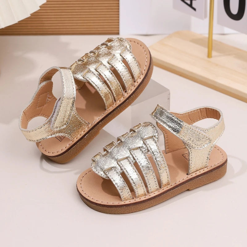 Girls gold metallic sandals with chunky flat sole, open toe and hook-and-loop straps
