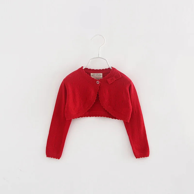 Red toddler knit cropped cardigan with long sleeves, button-front and scalloped ruffle