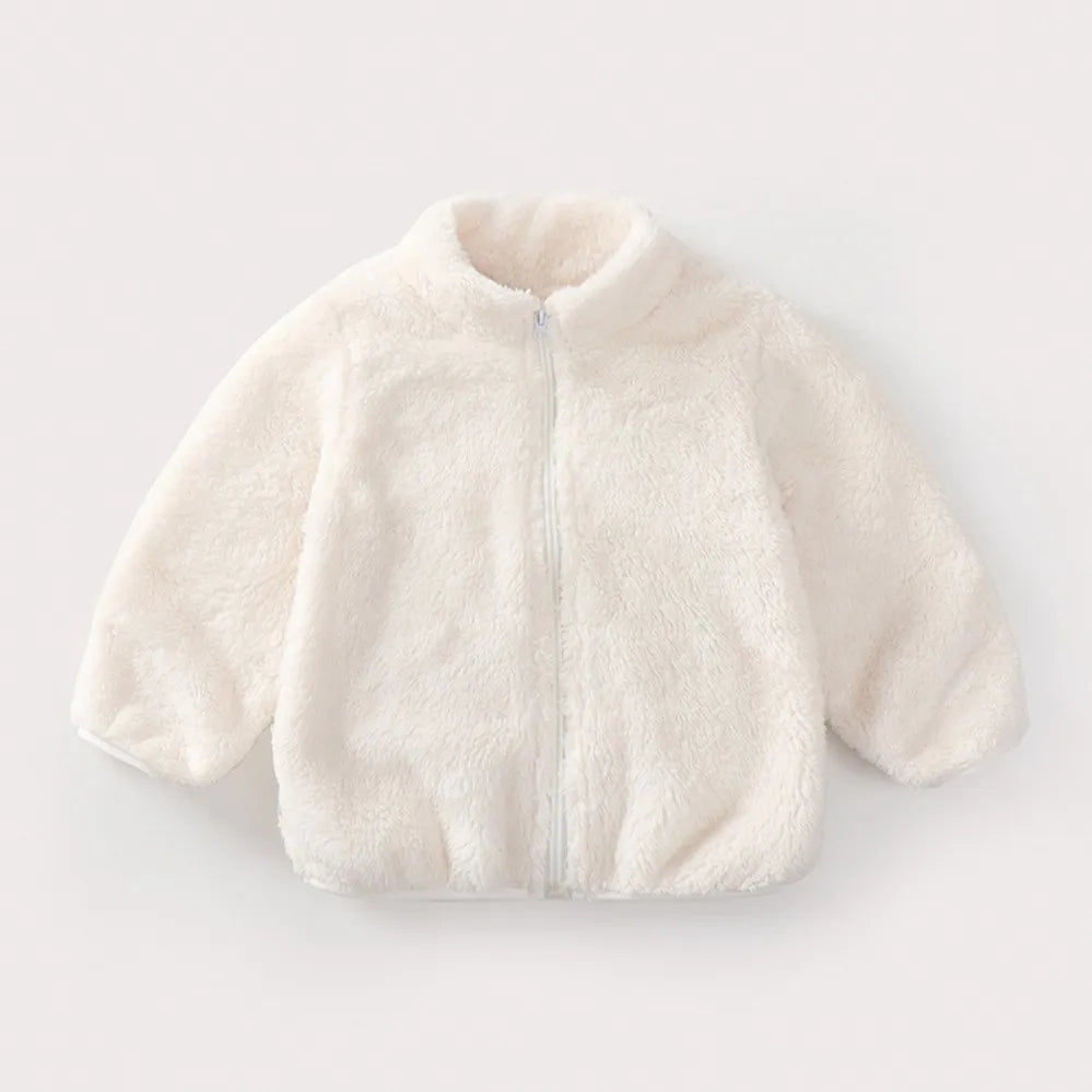 Girls teddy fleece zip jacket in off white with full-length front zipper